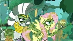 Size: 1920x1080 | Tagged: safe, derpibooru import, screencap, coco crusoe, fluttershy, zecora, changeling, earth pony, pegasus, pony, zebra, the cutie re-mark, alternate timeline, chrysalis resistance timeline, everfree forest, mask, resistance leader zecora, spear, tribal, tribalshy, weapon