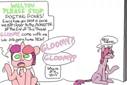 Size: 800x540 | Tagged: 4chan, artist:nobody, derpibooru import, dialogue, mlpg, oc, oc:gloomy, oc:marker pony, parody, safe, sesame street, the monster at the end of this book, unofficial characters only