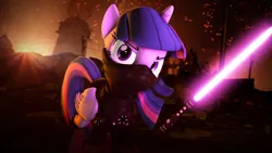 Size: 1280x720 | Tagged: safe, artist:dazzion, derpibooru import, twilight sparkle, alicorn, pony, 3d, apocalyptic, crossover, female, fire, force, jedi, lightsaber, mare, ruins, solo, source filmmaker, star wars, weapon