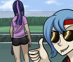 Size: 1280x1097 | Tagged: artist:7nights, artist:sincerelymrbear, ask human luna, ass, comic:tennis match, dat butt, derpibooru import, glasses, human, humanized, princess luna, safe, sunglasses, tennis, tumblr, twibutt, twilight sparkle