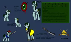 Size: 5041x3000 | Tagged: safe, artist:derpanater, derpibooru import, oc, oc:star charter, unofficial characters only, pony, fallout equestria, fallout equestria: chumming waters, bandana, clothes, cutie mark, female, filly, green eyes, green mane, mare, reference sheet, sword, weapon