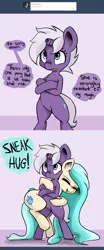 Size: 1344x3216 | Tagged: safe, artist:artguydis, derpibooru import, oc, oc:disastral, oc:floe, unofficial characters only, crystal pony, pony, unicorn, ask, askdisastral, bipedal, broken horn, crossed arms, dialogue, eyes closed, female, glomp, hug, mare, pink background, question, simple background, sneak hug, sneaky, standing, surprise hug, text, tumblr
