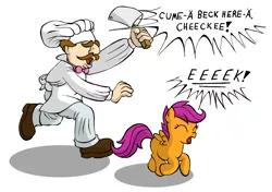 Size: 2270x1594 | Tagged: abuse, artist:iamallyballybee, crossover, dead source, derpibooru import, imminent fried chicken, safe, scootabuse, scootachicken, scootaloo, swedish chef, the muppets