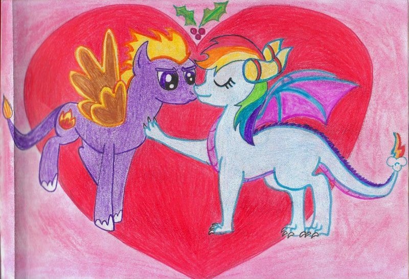 Size: 1005x687 | Tagged: artist:rubythedragon, crossover, crossover shipping, derpibooru import, dragon, dragonified, drawing, female, interspecies, male, ponified, rainbow dash, rainbow dragon, safe, shipping, species swap, spyrodash, spyro the dragon, straight