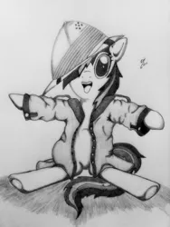 Size: 1642x2189 | Tagged: artist:corvostawr, clothes, cute, daring do, daring dorable, derpibooru import, filly, monochrome, oversized clothes, safe, solo