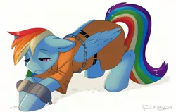 Size: 1280x813 | Tagged: artist:tailung, bound wings, chains, clothes, crying, cuffs, derpibooru import, prisoner rd, prison outfit, rainbow dash, sad, safe, shackles, solo