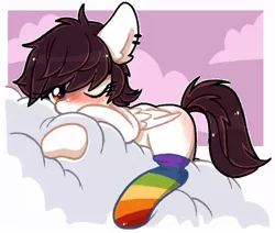 Size: 900x764 | Tagged: safe, artist:psychocat-h, derpibooru import, oc, unofficial characters only, pegasus, pony, clothes, cloud, cloud hugging, ear piercing, looking at you, one eye closed, piercing, prone, rainbow socks, socks, solo, striped socks