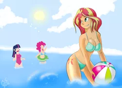 Size: 1920x1380 | Tagged: suggestive, artist:burnt-sprinkles, derpibooru import, gummy, pinkie pie, sunset shimmer, twilight sparkle, human, equestria girls, 2016, beach ball, belly button, bikini, breasts, busty sunset shimmer, cleavage, clothes, female, humanized, inner tube, one-piece swimsuit, signature, swimsuit