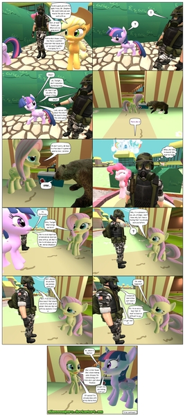 Size: 2133x4800 | Tagged: safe, artist:nikoaccampora, derpibooru import, applejack, fluttershy, pinkie pie, twilight sparkle, twilight sparkle (alicorn), alicorn, bear, human, pony, 3d, adrian shephard, comic, crossover, female, fluttershy's cottage, gmod, h.e.c.u., half-life, half-life: opposing force, mare