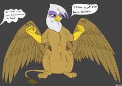 Size: 1250x892 | Tagged: safe, artist:backlash91, derpibooru import, gilda, gryphon, blushing, cute, dialogue, dweeb, fluffy, frown, gildadorable, gildere, glare, looking away, offscreen character, sitting, solo, speech bubble, spread wings, tsundere