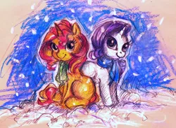 Size: 1000x733 | Tagged: safe, artist:buttersprinkle, derpibooru import, rarity, sunset shimmer, pony, unicorn, clothes, duo, female, lesbian, scarf, shipping, snow, snowfall, snowflake, sunsarity, traditional art, younger
