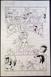 Size: 656x1000 | Tagged: safe, artist:andypriceart, derpibooru import, idw, filthy rich, flax seed, rarity, wheat grass, barnyard bargains, black and white, comic, crying, flax seed looks at stuff, grayscale, lineart, traditional art, wingding eyes
