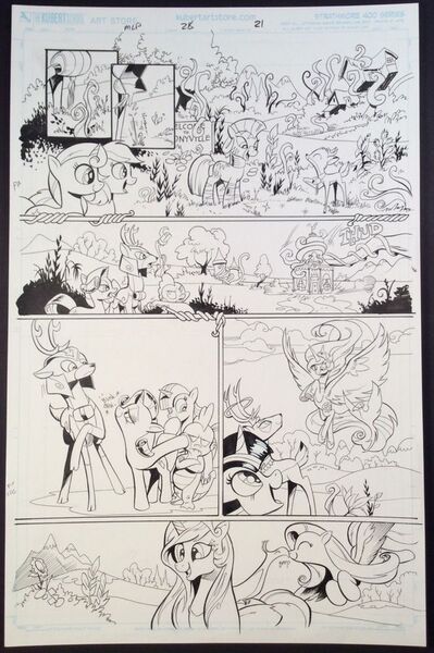 Size: 665x1000 | Tagged: artist:andypriceart, black and white, blackthorn, boop, bramble, carousel boutique, comic, deer, derpibooru import, fluttershy, flying, grayscale, idw, king aspen, lineart, monochrome, philomena, princess celestia, rarithorn, rarity, safe, spike, traditional art, twilight sparkle, vine, zebra, zecora