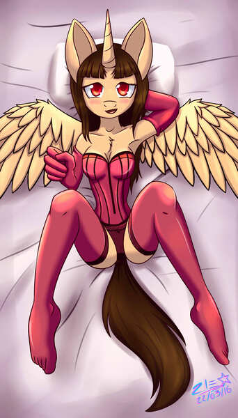 Size: 1890x3315 | Tagged: alicorn, alicorn oc, anthro, armpits, artist:21shootfox, bed, clothes, derpibooru import, evening gloves, feet, gloves, lingerie, oc, oc:spring beauty, panties, plantigrade anthro, suggestive, underwear, unofficial characters only