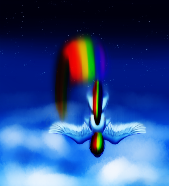 Size: 1000x1100 | Tagged: artist:bureaudrawer, cloud, derpibooru import, flying, motion blur, rainbow dash, rainbow trail, safe, sky, solo