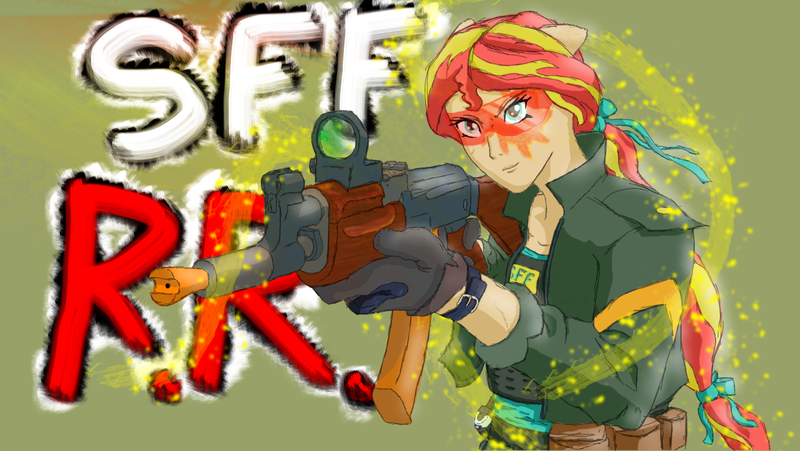 Size: 1921x1082 | Tagged: safe, artist:verbose, derpibooru import, sunset shimmer, equestria girls, airsoft, fanfic art, shooting for friendship