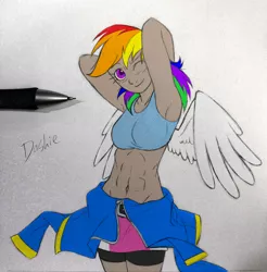 Size: 1941x1975 | Tagged: abs, armpits, artist:ixalon, artist:redapropos, belly button, blushing, colored, color edit, derpibooru import, edit, human, humanized, pencil drawing, rainbow dash, safe, sketch, solo, traditional art, winged humanization, wink, wip