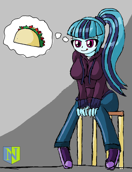 Size: 1000x1300 | Tagged: safe, artist:neutralchilean, derpibooru import, sonata dusk, equestria girls, breasts, busty sonata dusk, clothes, female, food, hoodie, solo, sonataco, taco, that girl sure loves tacos, thought bubble