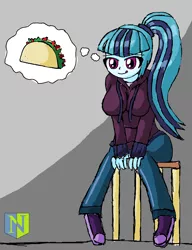 Size: 1000x1300 | Tagged: safe, artist:neutralchilean, derpibooru import, sonata dusk, equestria girls, breasts, busty sonata dusk, clothes, female, food, hoodie, solo, sonataco, taco, that girl sure loves tacos, thought bubble