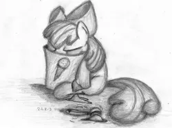 Size: 2088x1560 | Tagged: apple bloom, artist:aemantaslim, derpibooru import, food, ice cream, monochrome, safe, sketch, sleeping, solo, traditional art