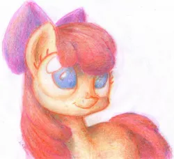 Size: 1328x1209 | Tagged: safe, artist:aemantaslim, derpibooru import, apple bloom, adorabloom, colored pencil drawing, cute, solo, traditional art, wrong eye color