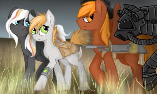 Size: 512x308 | Tagged: safe, artist:wingedwolf94, deleted from derpibooru, derpibooru import, oc, oc:calamity, oc:littlepip, oc:steelhooves, oc:velvet remedy, unofficial characters only, earth pony, pegasus, pony, unicorn, fallout equestria, fanfic, armor, battle saddle, fanfic art, female, gun, hat, male, mare, pipbuck, power armor, saddle bag, stallion, steel ranger, unamused, weapon