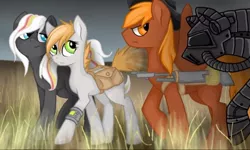 Size: 512x308 | Tagged: safe, artist:wingedwolf94, deleted from derpibooru, derpibooru import, oc, oc:calamity, oc:littlepip, oc:steelhooves, oc:velvet remedy, unofficial characters only, earth pony, pegasus, pony, unicorn, fallout equestria, fanfic, armor, battle saddle, fanfic art, female, gun, hat, male, mare, pipbuck, power armor, saddle bag, stallion, steel ranger, unamused, weapon