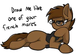 Size: 1845x1320 | Tagged: safe, artist:wingedwolf94, deleted from derpibooru, derpibooru import, oc, oc:bobby, unofficial characters only, clothes, dialogue, glasses, lidded eyes, lying down, side, simple background, solo, transparent background, watch, wristwatch