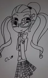 Size: 1536x2471 | Tagged: safe, artist:cutelovelover, derpibooru import, sugarcoat, equestria girls, friendship games, clothes, crystal prep academy uniform, cute, drawing, looking at you, monochrome, school uniform, sketch, smiling, solo, sugarcute, traditional art