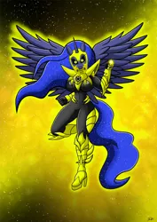 Size: 827x1169 | Tagged: anthro, artist:darklamprey, black sclera, breasts, busty princess luna, crossover, dc comics, derpibooru import, female, flying, green lantern, high heels, plantigrade anthro, princess luna, safe, sinestro corps, solo, space, wide hips