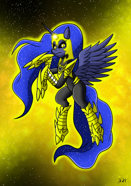 Size: 827x1169 | Tagged: artist:darklamprey, black sclera, crossover, dc comics, derpibooru import, flying, green lantern, parallax, princess luna, safe, sinestro corps, solo, space