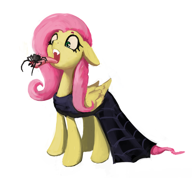 Size: 1100x1012 | Tagged: safe, artist:nottex, derpibooru import, fluttershy, fuzzy legs, spider, scare master, clothes, dress, fangs, floppy ears, folded wings, simple background, solo, standing, tongue out, white background