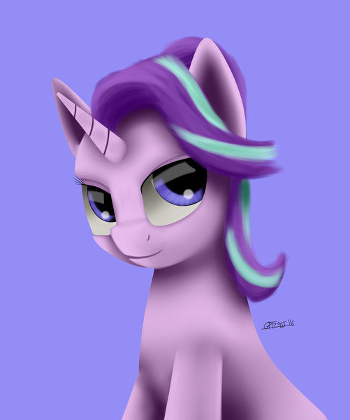 Size: 1600x1915 | Tagged: safe, artist:titan2955, derpibooru import, starlight glimmer, bust, lidded eyes, lineless, looking at you, simple background, solo, uncanny valley