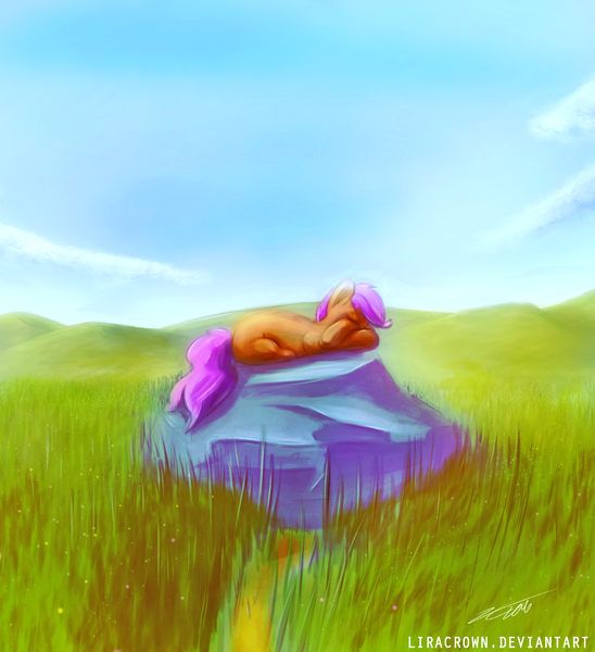 Size: 1204x1319 | Tagged: artist:liracrown, derpibooru import, grass field, hill, lineless, mountain, resting, rock, safe, scootaloo, sleeping, solo, wingless