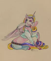 Size: 1024x1230 | Tagged: artist:sagastuff94, choker, clothes, derpibooru import, front knot midriff, glasses, hippie, make love not war, midriff, pants, peace symbol, princess cadance, raised hoof, safe, shirt, sitting, solo, spread wings, traditional art