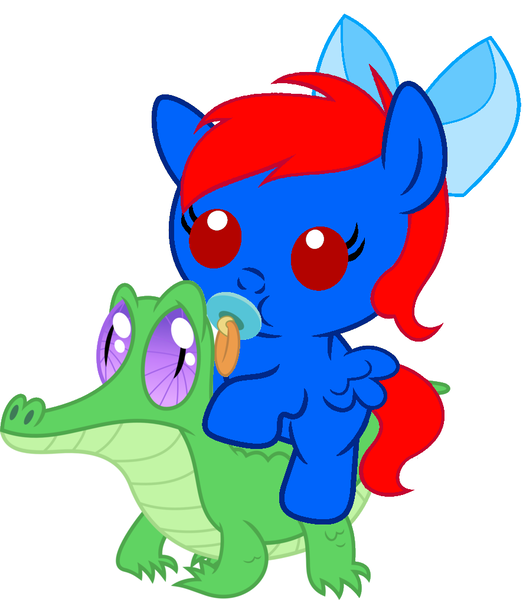 Size: 886x1017 | Tagged: safe, artist:red4567, derpibooru import, gummy, oc, oc:aimee, pony, baby, baby pony, bow, cute, hair bow, ocbetes, pacifier, ponies riding gators, riding, simple background, white background