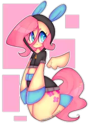 Size: 2500x3500 | Tagged: safe, artist:bunxl, derpibooru import, fluttershy, pegasus, semi-anthro, bunny ears, clothes, costume, cute, dangerous mission outfit, female, flying, heart eyes, hoodie, looking at you, midriff, simple background, solo, white background, wingding eyes