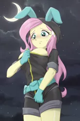 Size: 720x1090 | Tagged: suggestive, artist:ta-na, derpibooru import, fluttershy, equestria girls, adorasexy, blushing, breasts, bunny ears, busty fluttershy, clothes, costume, cute, dangerous mission outfit, dressing, embarrassed, female, gloves, hoodie, night, night sky, sexy, solo, solo female, stars, struggling, wardrobe malfunction, zipper