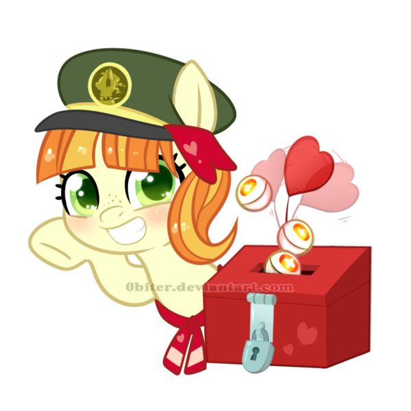 Size: 800x800 | Tagged: safe, artist:0biter, derpibooru import, tag-a-long, earth pony, pony, donation box, female, filly, filly guides, gingerbetes, grin, simple background, smiling, solo, transparent background, watermark