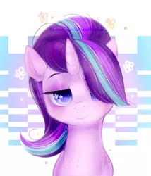 Size: 800x933 | Tagged: safe, artist:0biter, derpibooru import, starlight glimmer, the crystalling, bedroom eyes, fluffy, hair over one eye, looking at you, new hairstyle, portrait, sitting, smiling, solo, starry eyes, watermark, wingding eyes