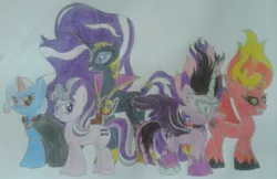 Size: 2183x1416 | Tagged: safe, artist:cnsfan2, derpibooru import, nightmare rarity, rarity, sci-twi, starlight glimmer, sunset shimmer, trixie, twilight sparkle, ponified, pony, equestria girls, alicorn amulet, counterparts, equal cutie mark, equestria girls ponified, evil grin, magical quintet, midnight sparkle, midnightsatan, sunset satan, traditional art, twilight's counterparts