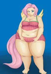 Size: 692x1000 | Tagged: artist:maikeru, bbw, belly, boyshorts, bra, breasts, cleavage, clothes, crop top bra, derpibooru import, fat, fattershy, female, fluttershy, frilly underwear, human, humanized, muffin top, no more ponies at source, obese, panties, pink underwear, simple background, solo, solo female, striped underwear, suggestive, tailed humanization, thunder thighs, underwear, wide hips, winged humanization