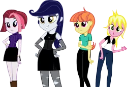 Size: 898x623 | Tagged: safe, artist:ironm17, derpibooru import, cayenne, citrus blush, moonlight raven, sunshine smiles, canterlot boutique, equestria girls, clothes, equestria girls-ified, fingerless gloves, gloves, goth, hand on hip, short-sleeved sweater, simple background, skirt, sleeveless, sweater, t-shirt, transparent background, vector