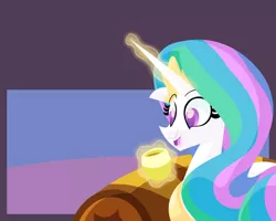 Size: 1000x800 | Tagged: artist:frostedwarlock, celestia replies, derpibooru import, food, glowing horn, magic, princess celestia, safe, solo, tea, teacup, telekinesis