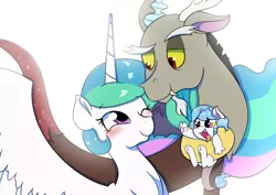 Size: 4092x2893 | Tagged: safe, artist:marukouhai, derpibooru import, discord, princess celestia, oc, oc:eris, hybrid, blushing, dislestia, female, interspecies offspring, male, offspring, parent:discord, parent:princess celestia, parents:dislestia, shipping, simple background, straight