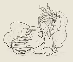 Size: 900x770 | Tagged: safe, artist:celestiathegreatest, derpibooru import, discord, princess celestia, dislestia, female, hug, male, monochrome, nuzzling, prone, sad, shipping, simple background, straight, winghug