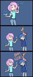 Size: 792x1836 | Tagged: safe, artist:kprovido, derpibooru import, fluttershy, philomena, princess luna, bird, human, annoyed, clothes, comic, hoodie, humanized, s1 luna, t-shirt