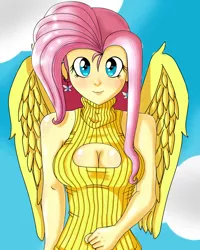 Size: 1200x1500 | Tagged: artist:eduarknes, boob window, cleavage, clothes, derpibooru import, ear piercing, earring, female, fluttershy, human, humanized, jewelry, keyhole turtleneck, looking at you, open-chest sweater, piercing, safe, solo, sweater, sweatershy, turtleneck, winged humanization