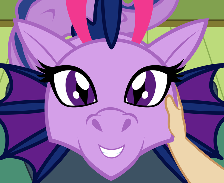 Size: 3356x2744 | Tagged: safe, artist:badumsquish, derpibooru import, part of a set, twilight sparkle, human, siren, couch, female, hand, lap, looking at you, my pet siren, offscreen character, petting, pov, sirenified, smiling, species swap, spell gone wrong, story included, tail wag, true form