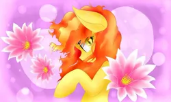 Size: 720x431 | Tagged: artist:chromadraws, derpibooru import, female, flower, flowing mane, looking at you, oc, oc:sand veil, safe, solo, unofficial characters only, yellow eyes